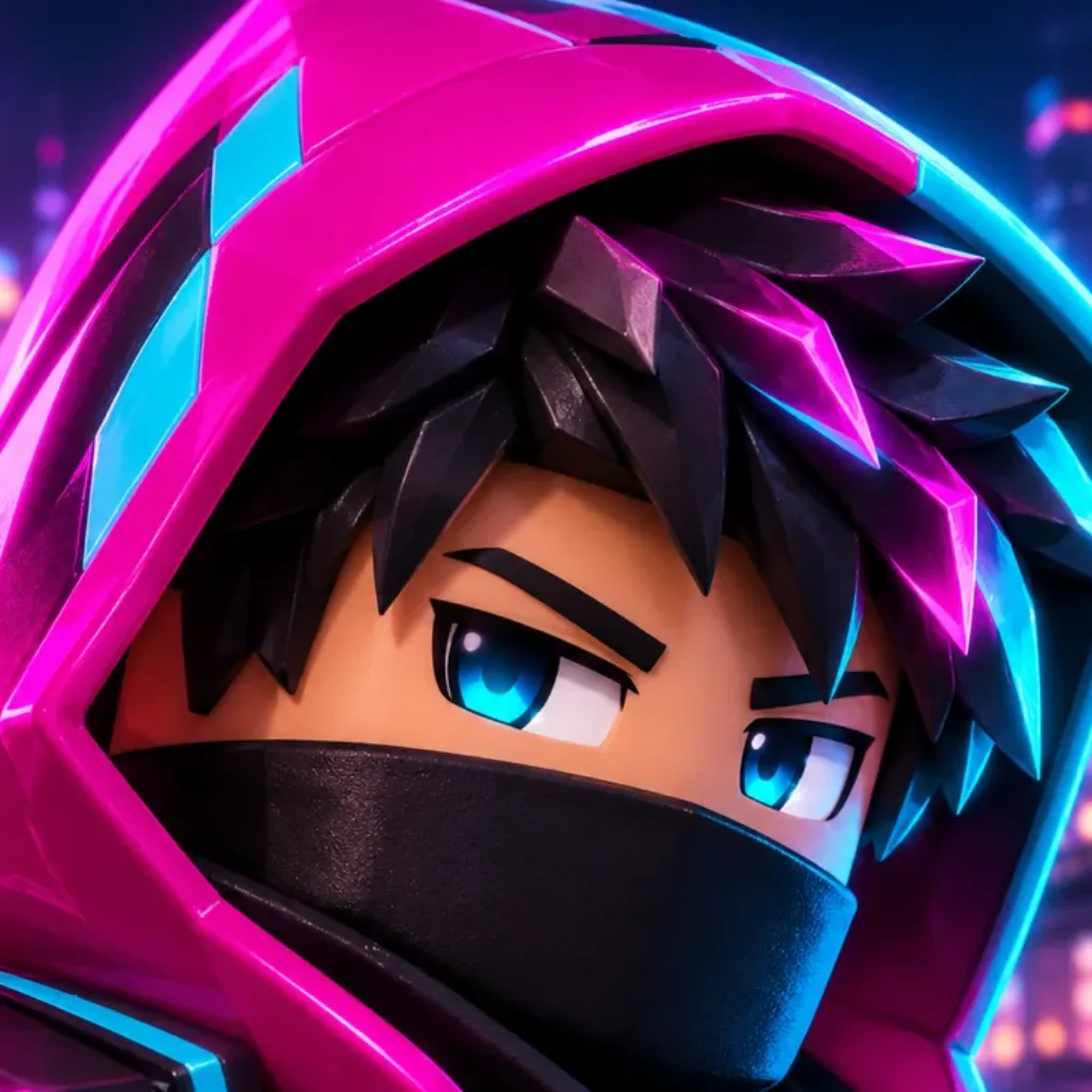 Roblox avatar maker character: Roblox avatar wearing an oversized cyberpunk techwear hoodie with glowing cyan zipper lines and high-top sneakers