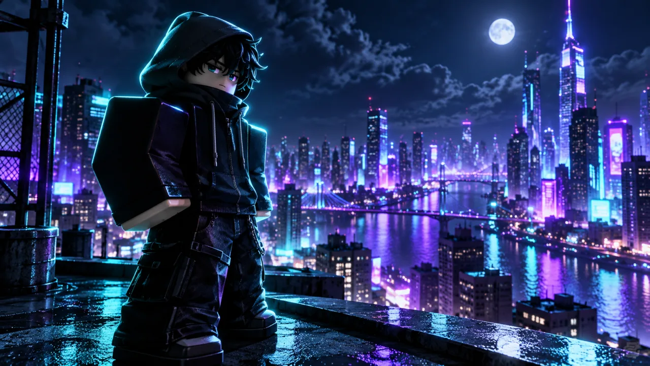 Roblox GFX: avatar in a black hoodie on a rainy rooftop above a violet and cyan neon city at night