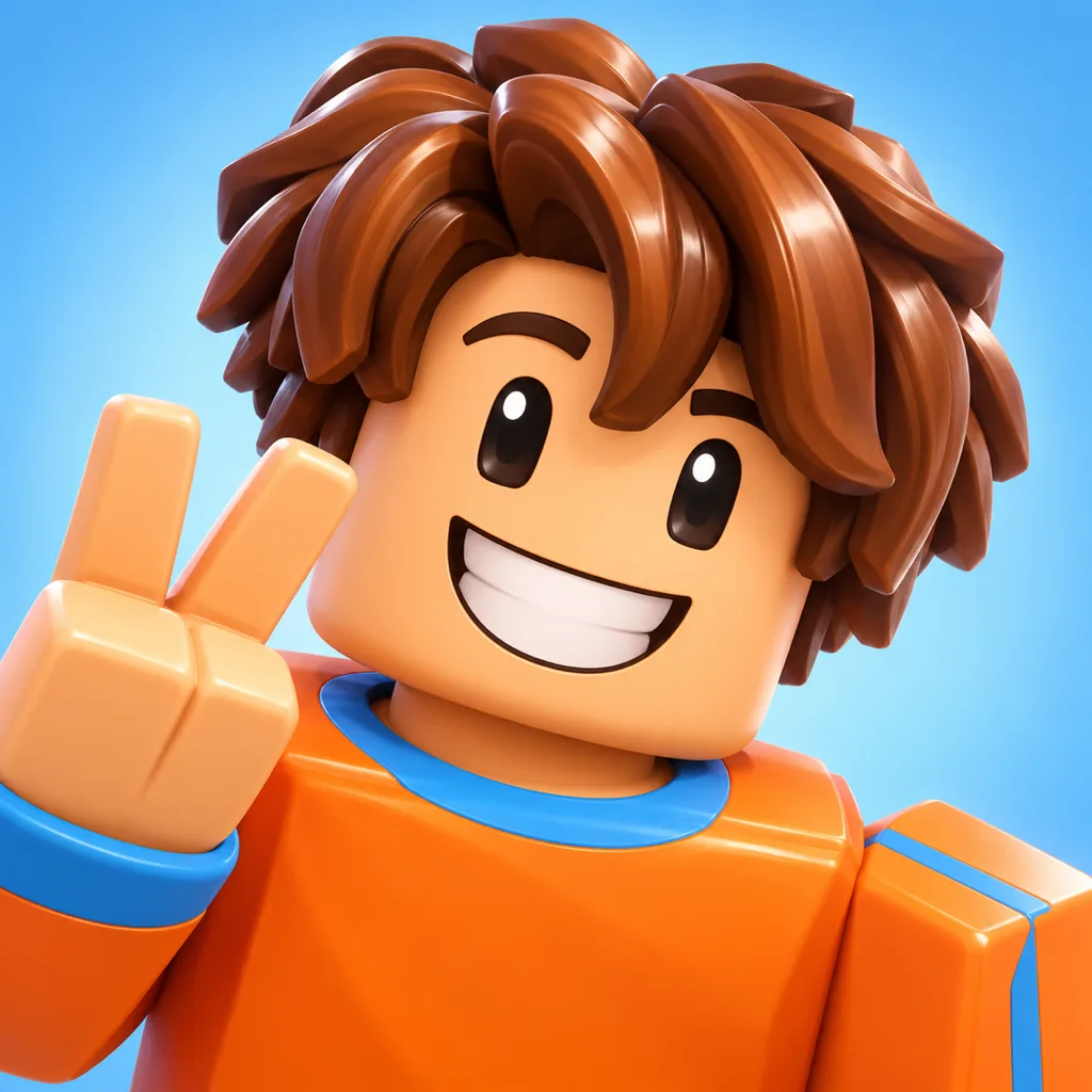 Roblox pfp: avatar with brown bacon hair in an orange shirt grinning and giving a peace sign on a sky blue backdrop