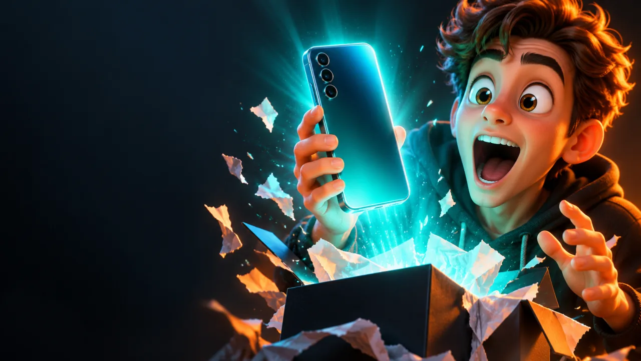 YouTube thumbnail: shocked creator unboxing a glowing new phone on a dark background
